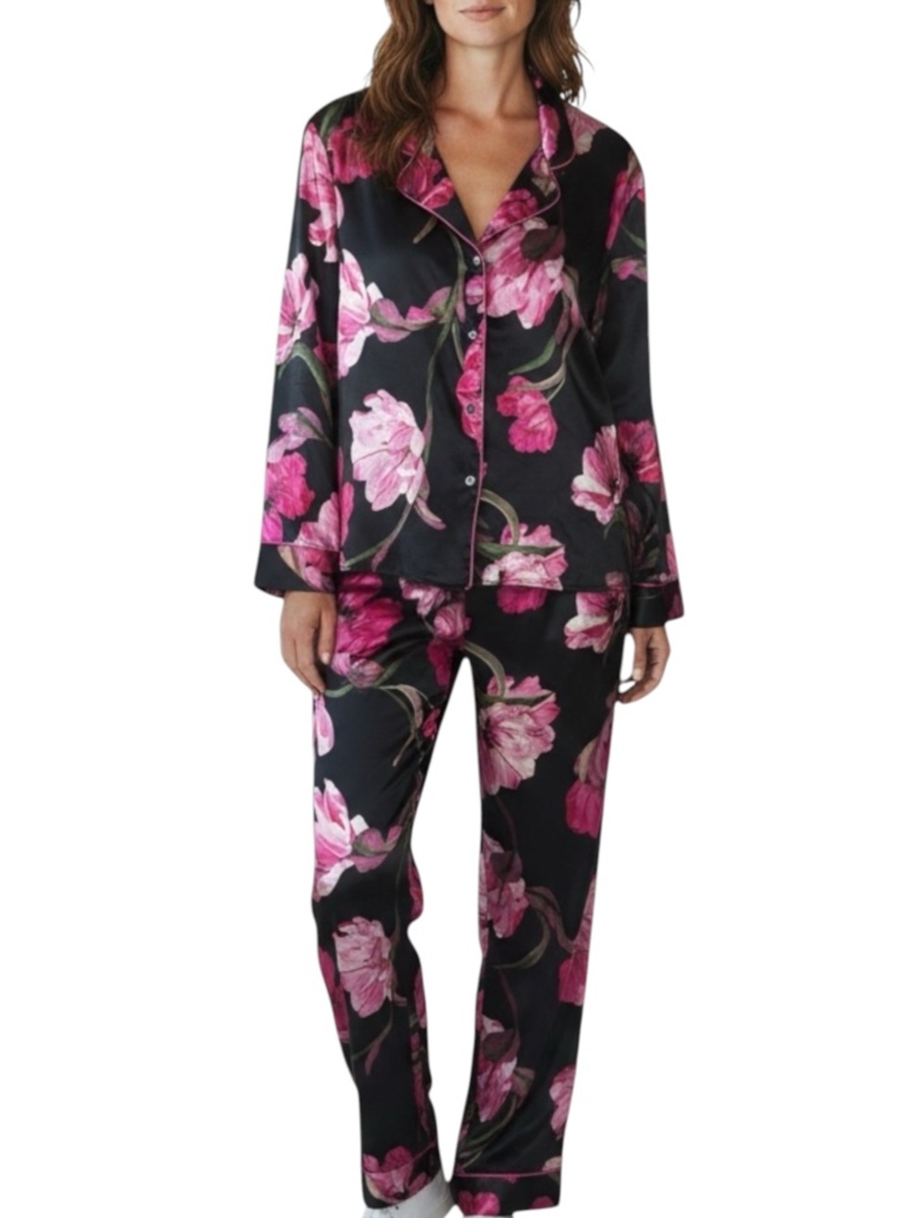 LILAC & LONDON Satin Floral Button-Down Pajama Set - Pink on Black Size Medium